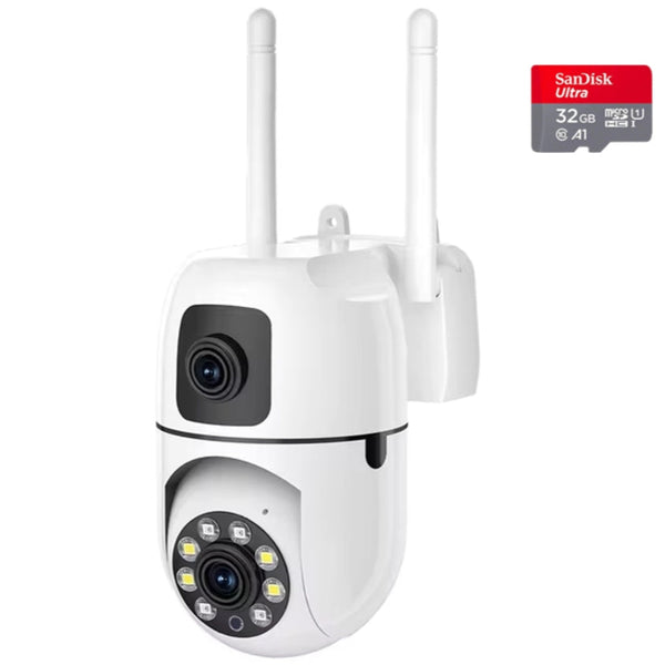 Cameră Supraveghere WiFi 360° – Lentile Duble, Zoom Optic, Full HD, Vizualizare Nocturnă, Audio 2-Way + CADOU Card 32GB