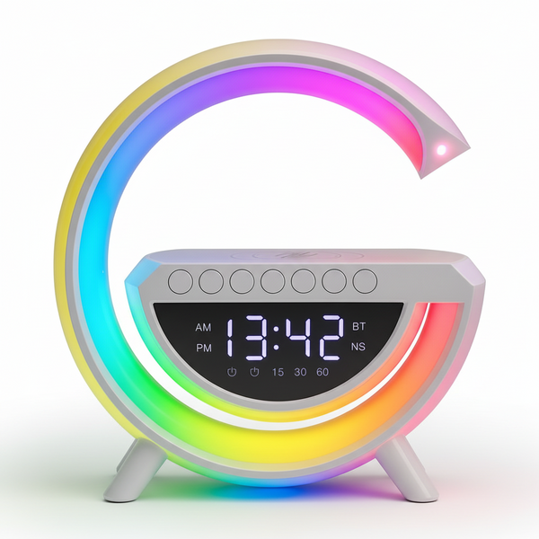 Ceas Digital Multifuncțional 5 în 1 - Lumină Ambientală RGB, Boxă Bluetooth, Încărcare Wireless 15W, Radio FM, Design Compact, Alb - ZTS8236