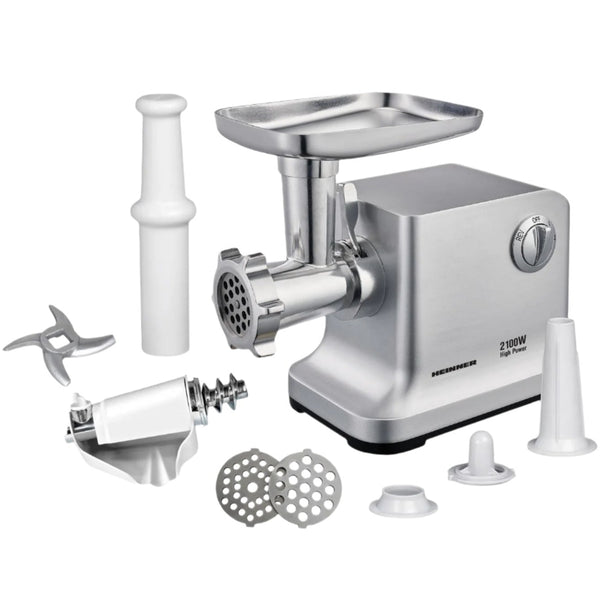 Mașină Tocat Carne, Roșii Heinner - 2100W, Accesorii Roșii și Cârnați, Cuțit, Site Inox - MG-2100SS