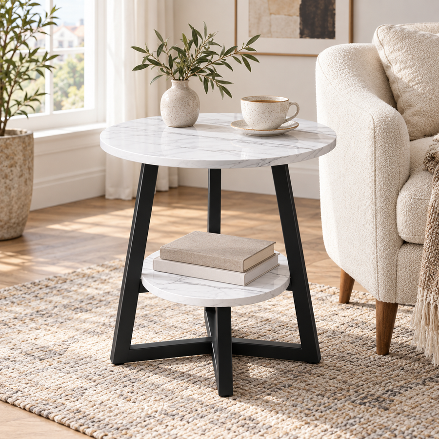 Măsuță de Cafea Rotundă Luxis – 2 Niveluri, Aspect Marmură Albă și Cadru Negru - 65-22