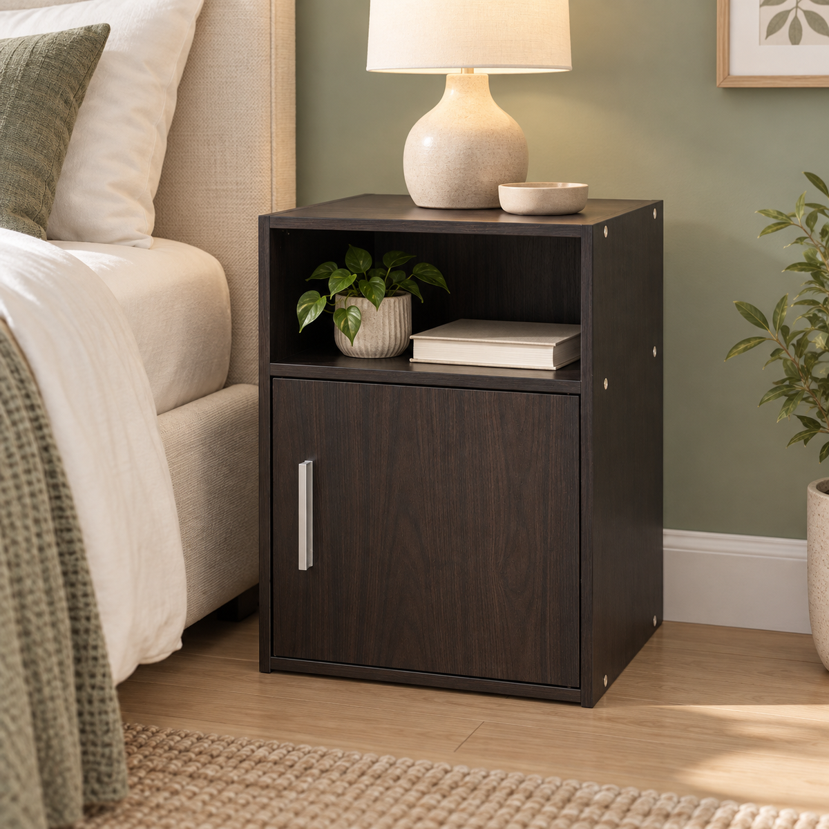 Noptieră Luxis cu Raft și Ușă, 36 × 28 × 50 cm într-un decor de interior