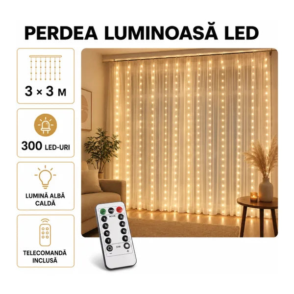 Perdea Luminoasă LED Luxis, 3 × 3 m, 300 LED-uri, Alb Cald – detalii și utilizare