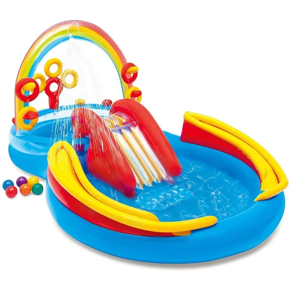 Piscină de Joacă Gonflabilă - Tobogan, Pulverizator Apă - Jocuri Interactive - 297x193x135cm - Rainbow Ring