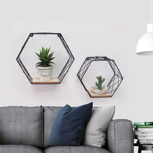 Set 2 Rafturi Hexagonale Luxis pentru Perete, Metal și MDF într-un decor de interior