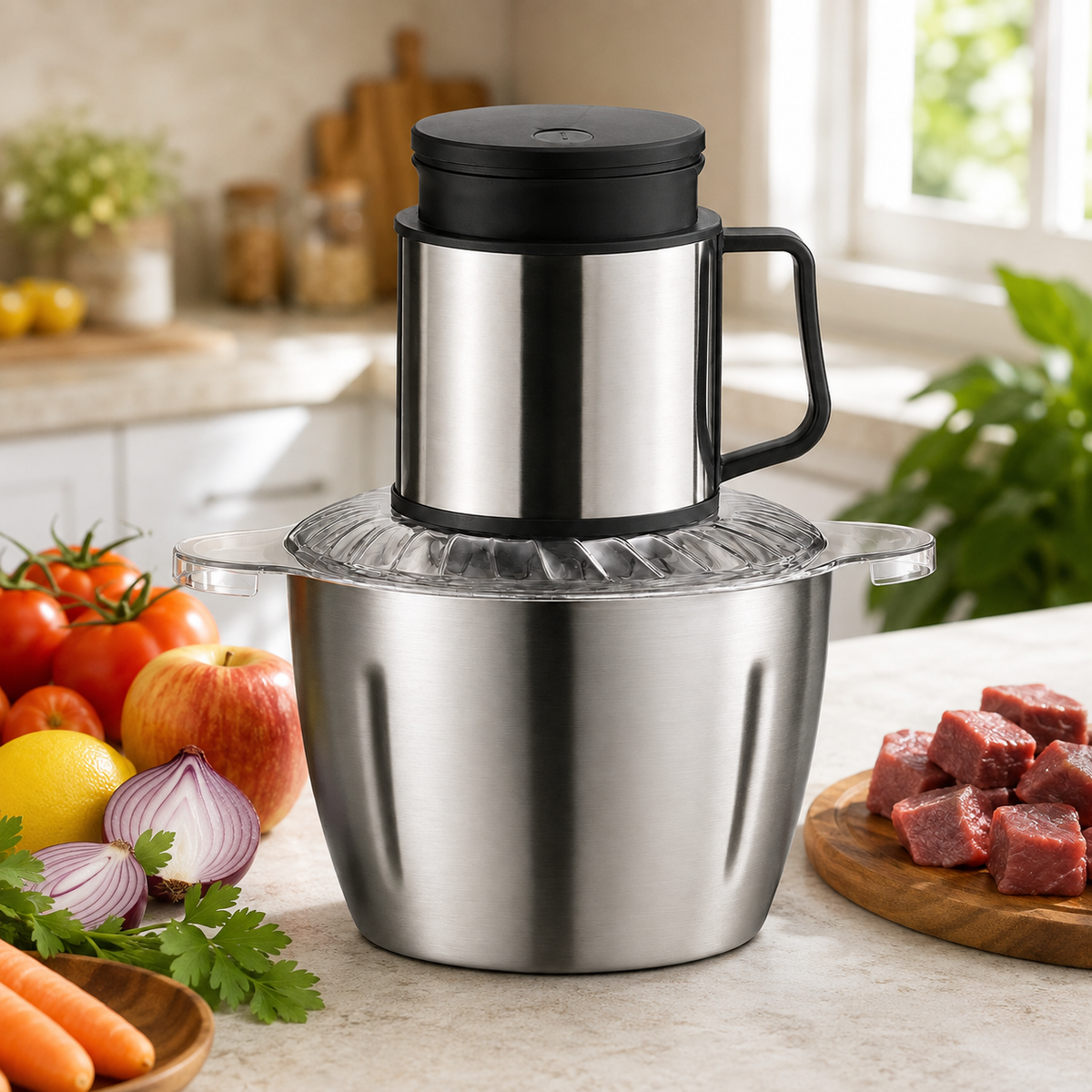 Tocător Electric - 5L, 1500W, Inox, 6 Lame, Oțel Inoxidabil, 2 Viteze, Toacă Rapid: Carne, Legume, Fructe, Semințe, Nuci