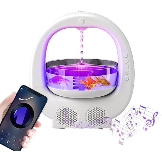 Umidificator Multifuncțional Luxis - 700ml, Boxă Bluetooth, LED RGB 6 Culori, Bol Decorativ Pești, Design Picătură, Alb - UmidifLux-700