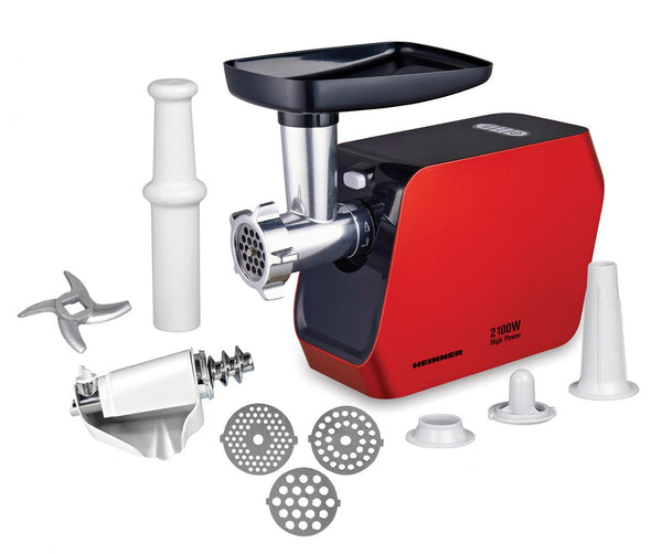 Mașină Tocat Heinner - 2100W, 3 Site, Funcție Reverse, Accesorii Cârnați, Roșii, Puternică - MG-2100RD