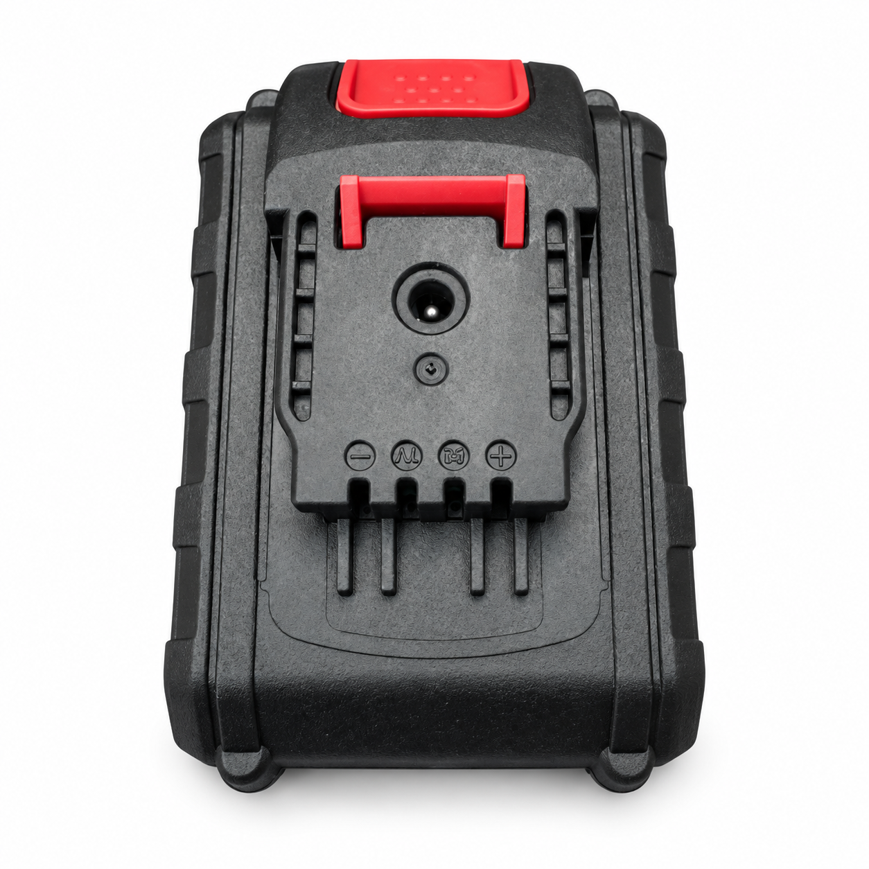Acumulator 48V 5000mAh cu 4 pini, mufă rotundă de încărcare și buton roșu, vedere de sus pe fundal alb.