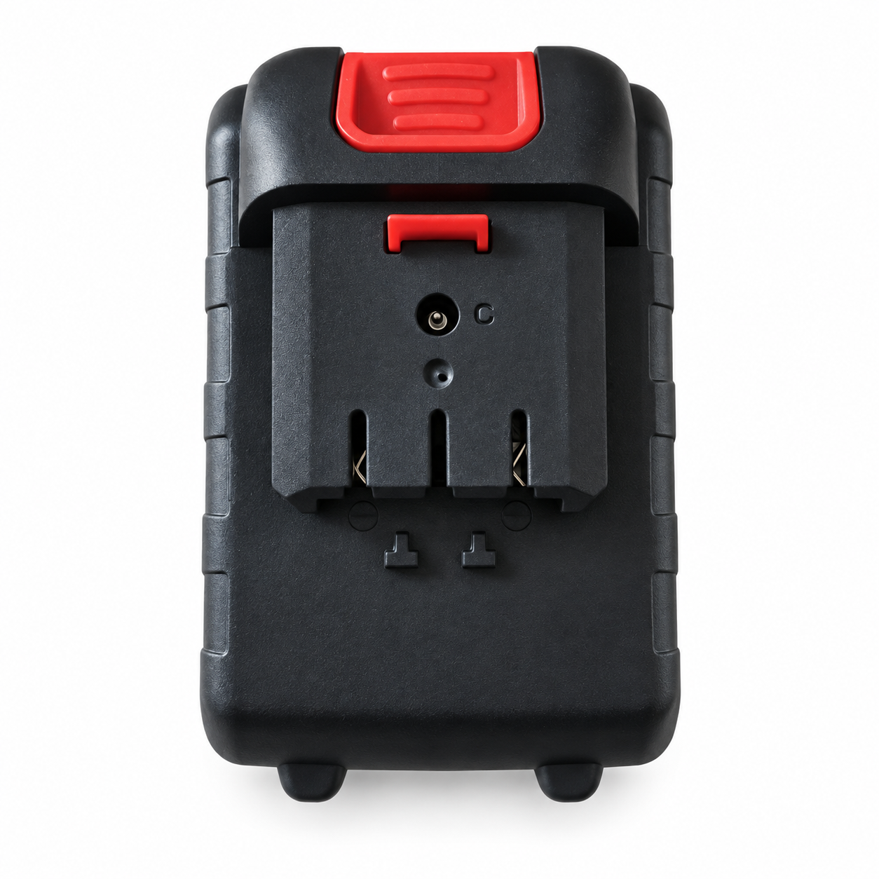 Acumulator negru cu prindere tip 3 pini, mufă rotundă de încărcare și buton roșu, vedere de sus pe fundal alb.