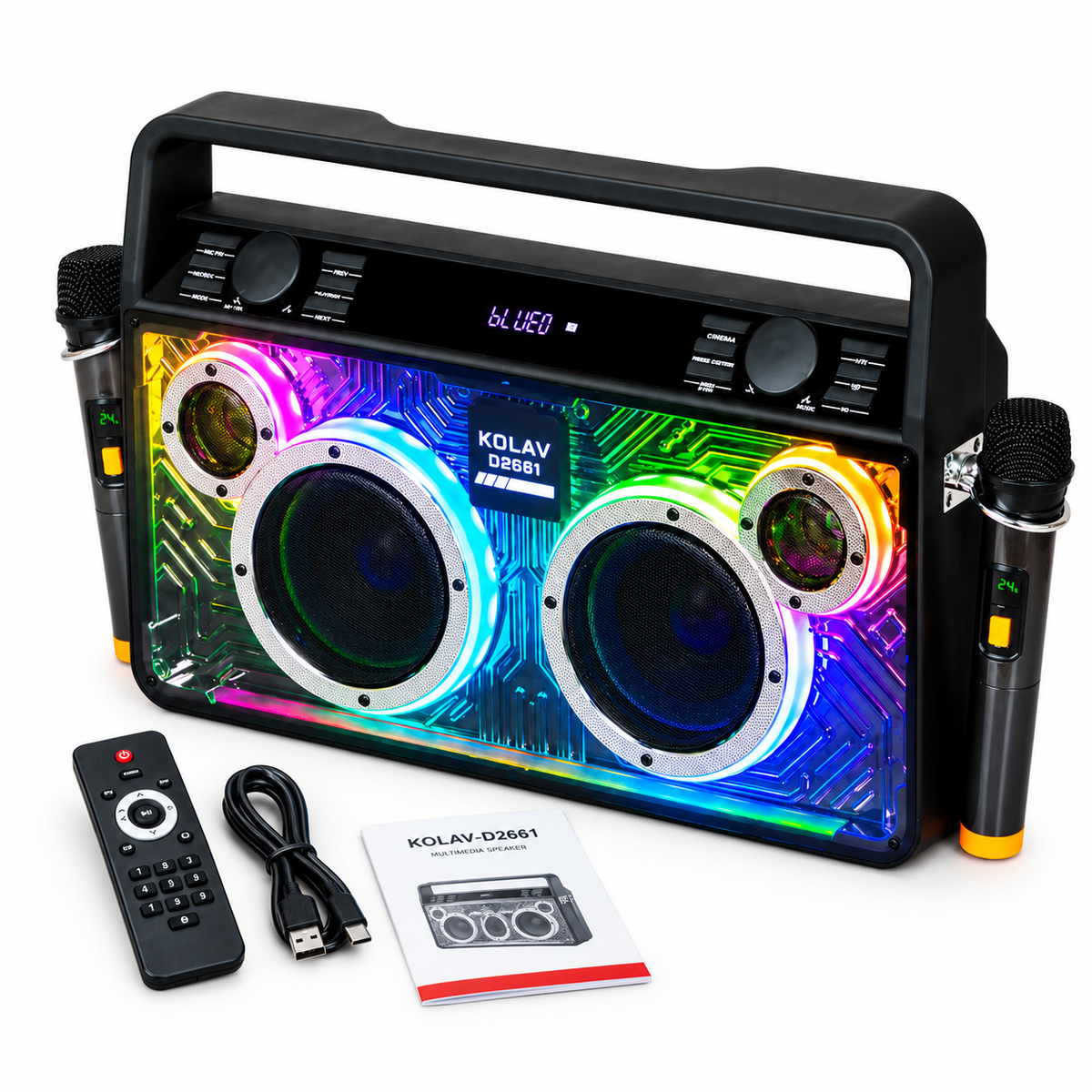 Boxă KOLAV D2661 X-BASS cu 2 microfoane wireless, telecomandă, cablu de încărcare și manual de utilizare
