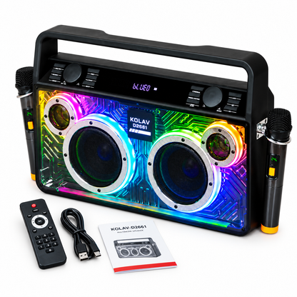 Boxă KOLAV D2661 X-BASS cu 2 microfoane wireless, telecomandă, cablu de încărcare și manual de utilizare
