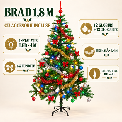 brad 1.8m cu accesorii, globuri, luminite, beteala, fundite