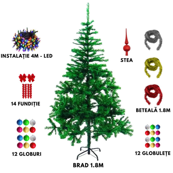 Brad Artificial de Crăciun Verde - 1.8m, 380 crengi, Suport Metalic, Accesorii Incluse - Creează Magia Sărbătorilor de Iarnă