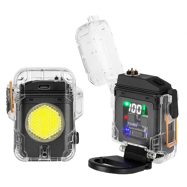 Brichetă - Lanternă LED Portabilă cu Aprindere Tip ARC, 400LM, 6 Moduri, Baterie Reîncărcabilă 400mAh, Afișaj Digital, Magnet, Clip, Design Compact – Negru Transparent