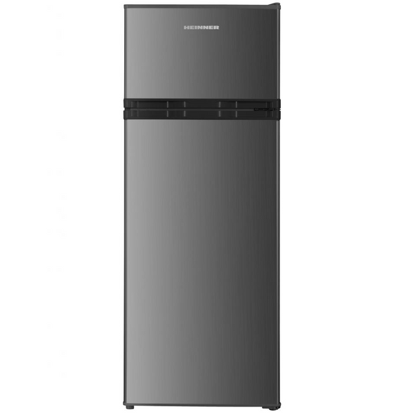 Frigider Două Uși Heinner - 206L, Aspect Inox, LED, 3 Rafturi Sticlă, Ușă Reversibilă, Control Mecanic, Clasa E - HF-H2206XE++