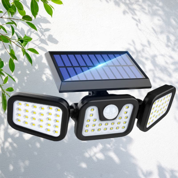 Lampă Solară Triplă Exterior - 100 LED, 3 Panouri Rotative, Senzor Mișcare