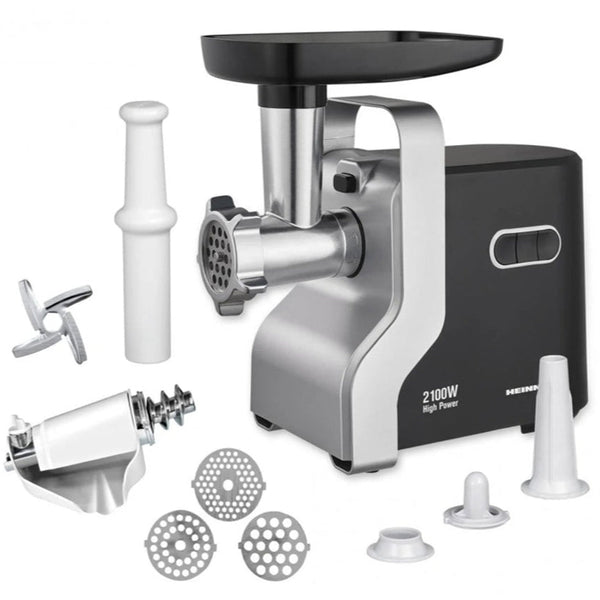 Mașină de Tocat Carne și Roșii Heinner - 2100W, 1.8 kg, 3 site , accesorii roșii, cârnați și kibbe, MG-2100BKSL
