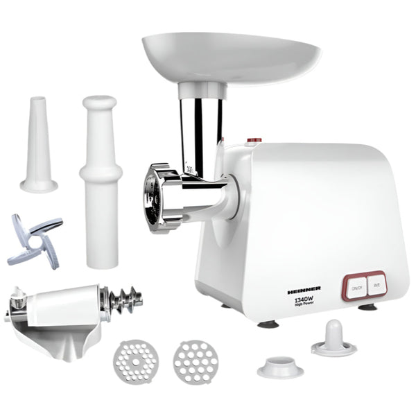 Mașină Tocat Carne, Roșii Heinner - 1340W, Accesorii Roșii, Cârnați, 2 Site, Cuțit Inox - MG-1340WH