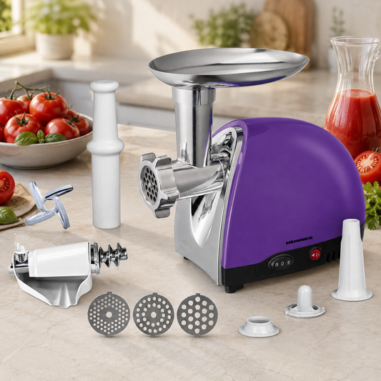 Masina Tocat Carne, Rosii Heinner - 1600W, Accesorii Rosii, Carnati, 3 Site, Cutit Inox - MG1600TA-UV