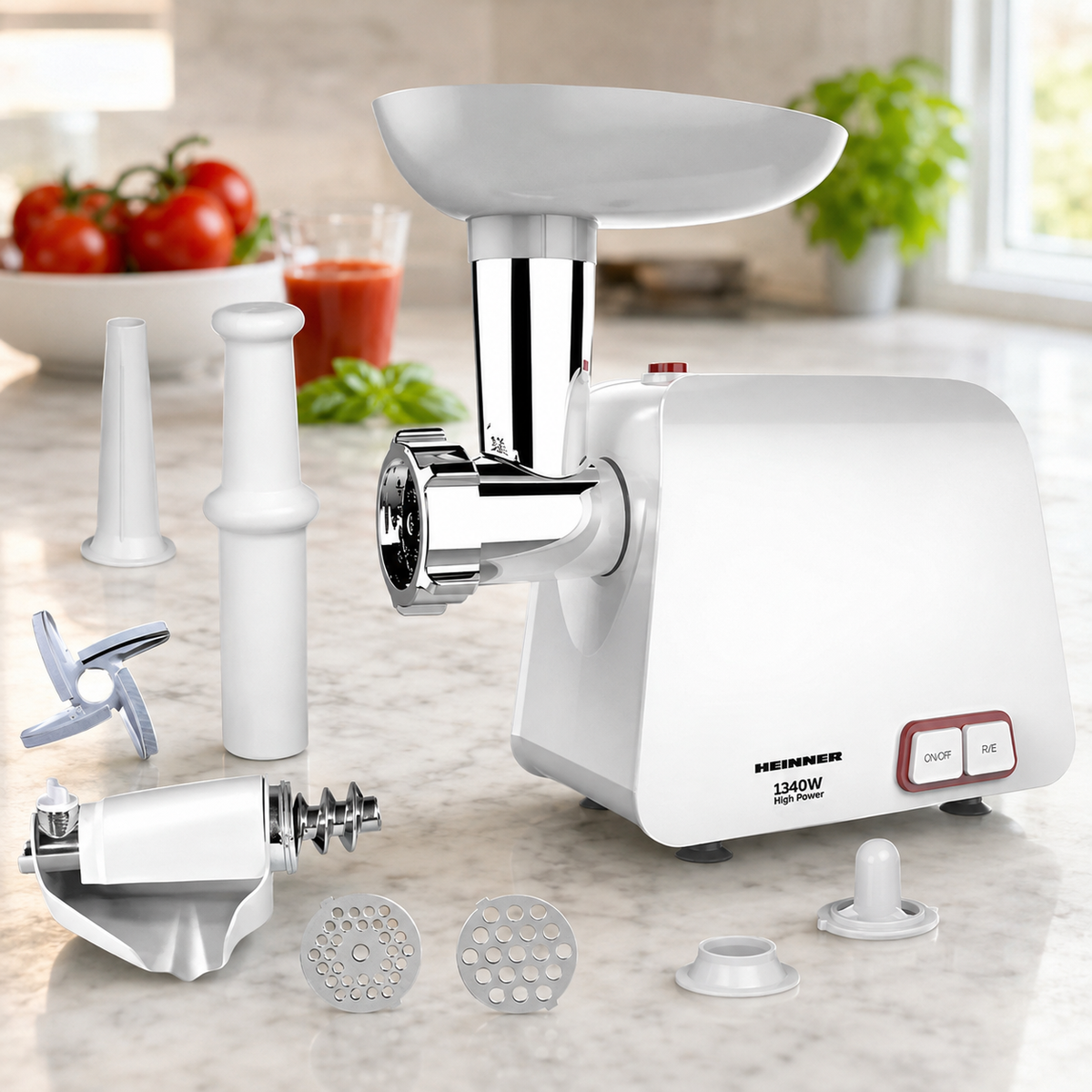 Mașină Tocat Carne, Roșii Heinner - 1340W, Accesorii Roșii, Cârnați, 2 Site, Cuțit Inox - MG-1340WH