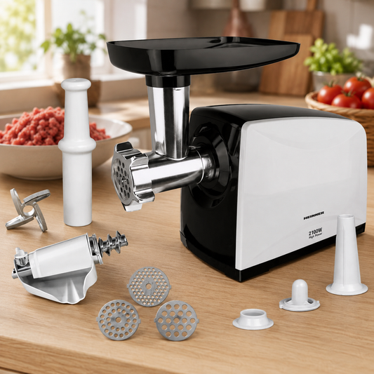 Masina de Tocat Carne si Rosii Heinner - 2100W, 1.8 kg, 3 site , accesorii rosii, carnati si kibbe, MG-2100BKWH