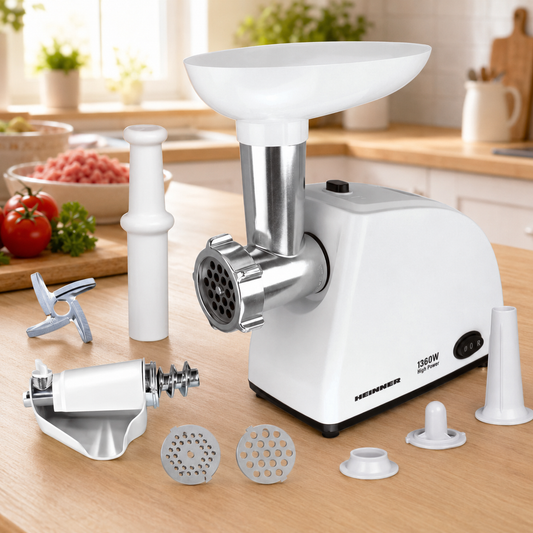 Masina Tocat Carne, Rosii Heinner - 1360W, Accesorii Rosii, Carnati, 2 Site, Cutit Inox - MG-W1200R