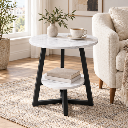 Măsuță rotundă Luxis ML-65-22 cu două niveluri, lângă fotoliu, cu cafea și cărți – imagine de ambient ilustrativă