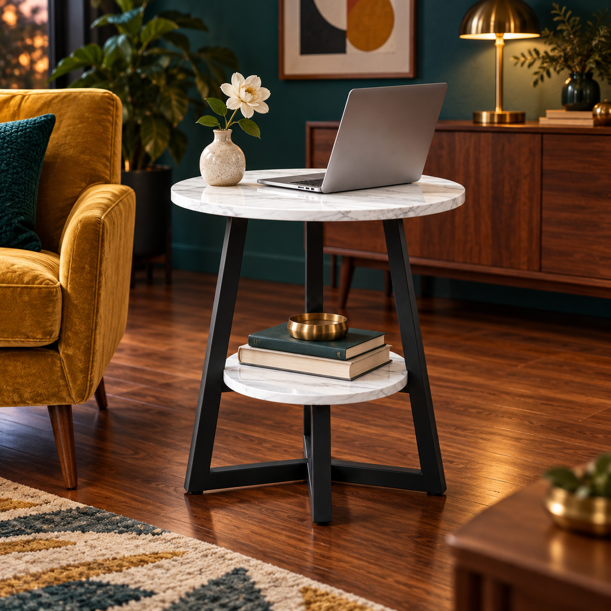 Măsuță rotundă Luxis ML-65-22 cu laptop și floare, într-un living mid-century cu perete turcoaz și fotoliu galben – imagine de ambient ilustrativă