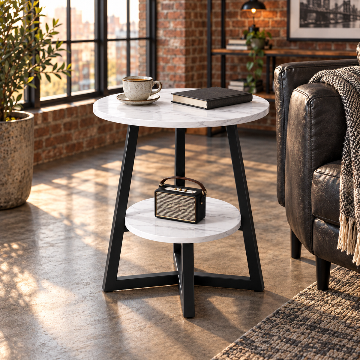 Măsuță rotundă Luxis ML-65-22 cu două niveluri, într-un loft industrial cu perete de cărămidă, cafea și radio – imagine de ambient ilustrativă