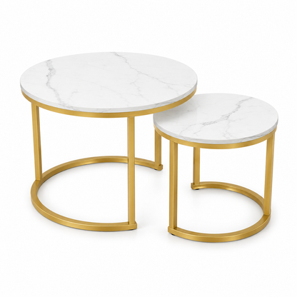 Set 2 Măsuțe Cafea Luxis - Metal Marmură, Artificială Alb,  70*70*43.5cm / 50*50*39.5cm, Design Modern, Suprapuse - MCafea-112