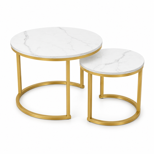 Set 2 Măsuțe Cafea Luxis - Metal Marmură, Artificială Alb,  70*70*43.5cm / 50*50*39.5cm, Design Modern, Suprapuse - MCafea-112