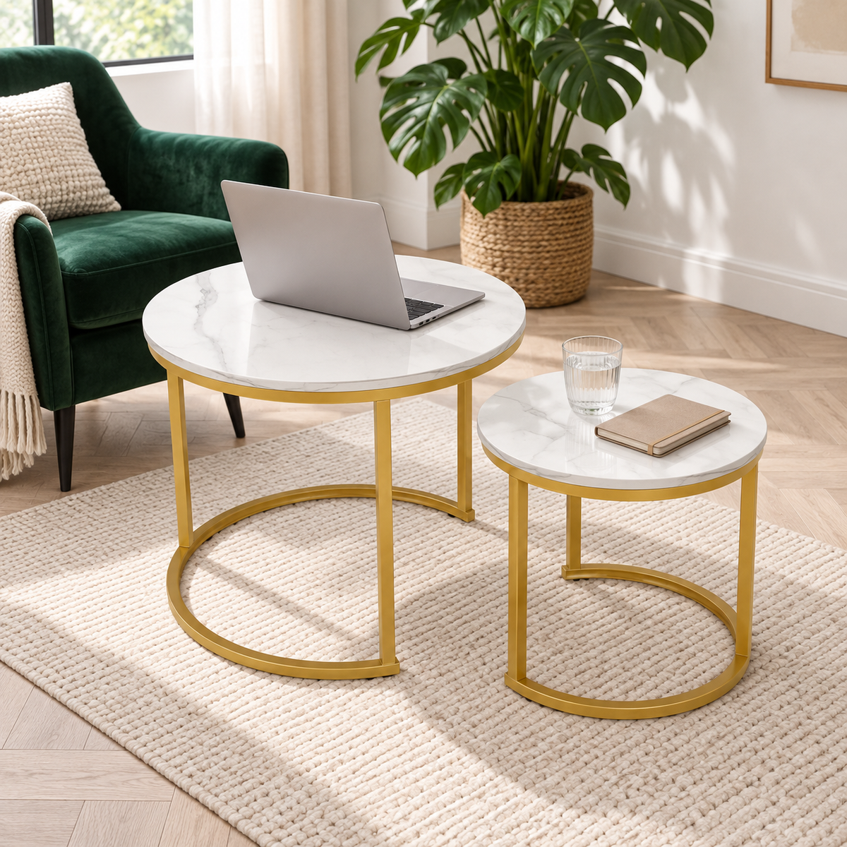 Set 2 Măsuțe Cafea Luxis - Metal Marmură, Artificială Alb,  70*70*43.5cm / 50*50*39.5cm, Design Modern, Suprapuse - MCafea-112