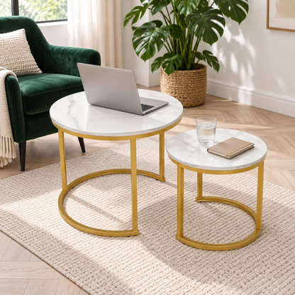Set 2 Măsuțe Cafea Luxis - Metal Marmură, Artificială Alb,  70*70*43.5cm / 50*50*39.5cm, Design Modern, Suprapuse - MCafea-112