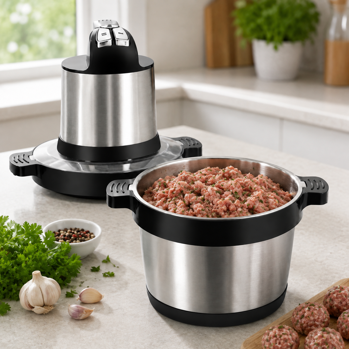 Tocător Electric - 8L, 1500W, 4 Lame, Oțel Inoxidabil, 3 Trepte de Vitez, Toacă Rapid: Carne, Legume, Fructe, Semințe, Nuci într-o bucătărie, alături de fructe, legume și carne
