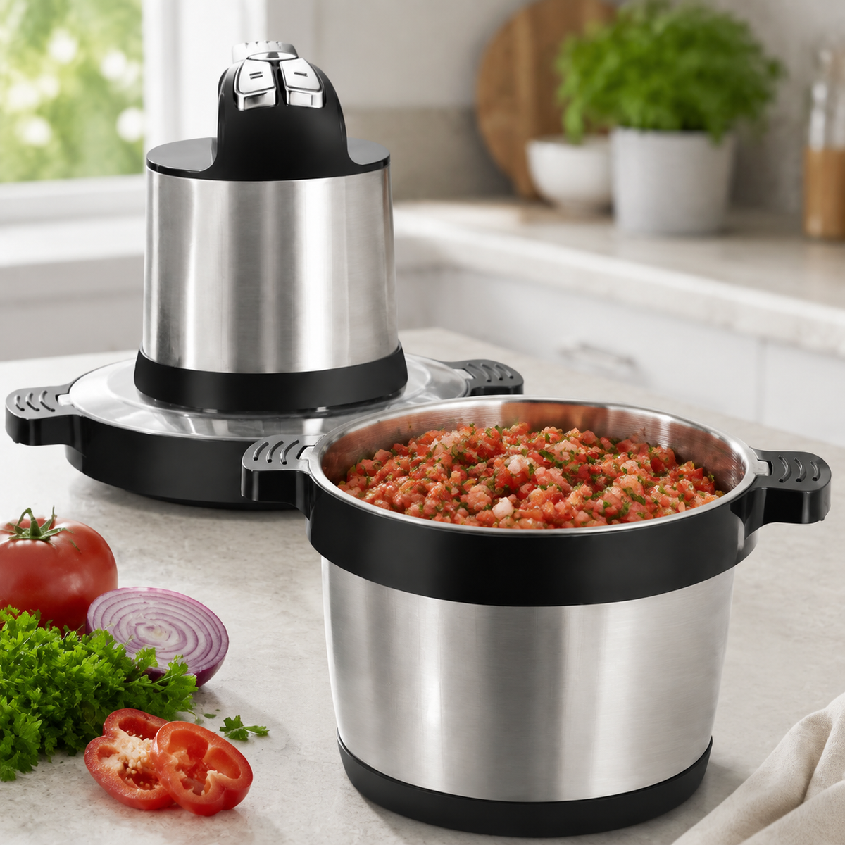 Tocător Electric - 8L, 1500W, 4 Lame, Oțel Inoxidabil, 3 Trepte de Vitez, Toacă Rapid: Carne, Legume, Fructe, Semințe, Nuci
