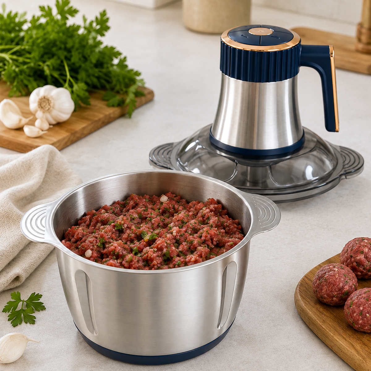Tocător Electric Profesional - 5L, 1000W, Inox, 5 Moduri de Lucru, 5 Cuțite, Mâner Ergonomic - Silver cu carne tocată în bol