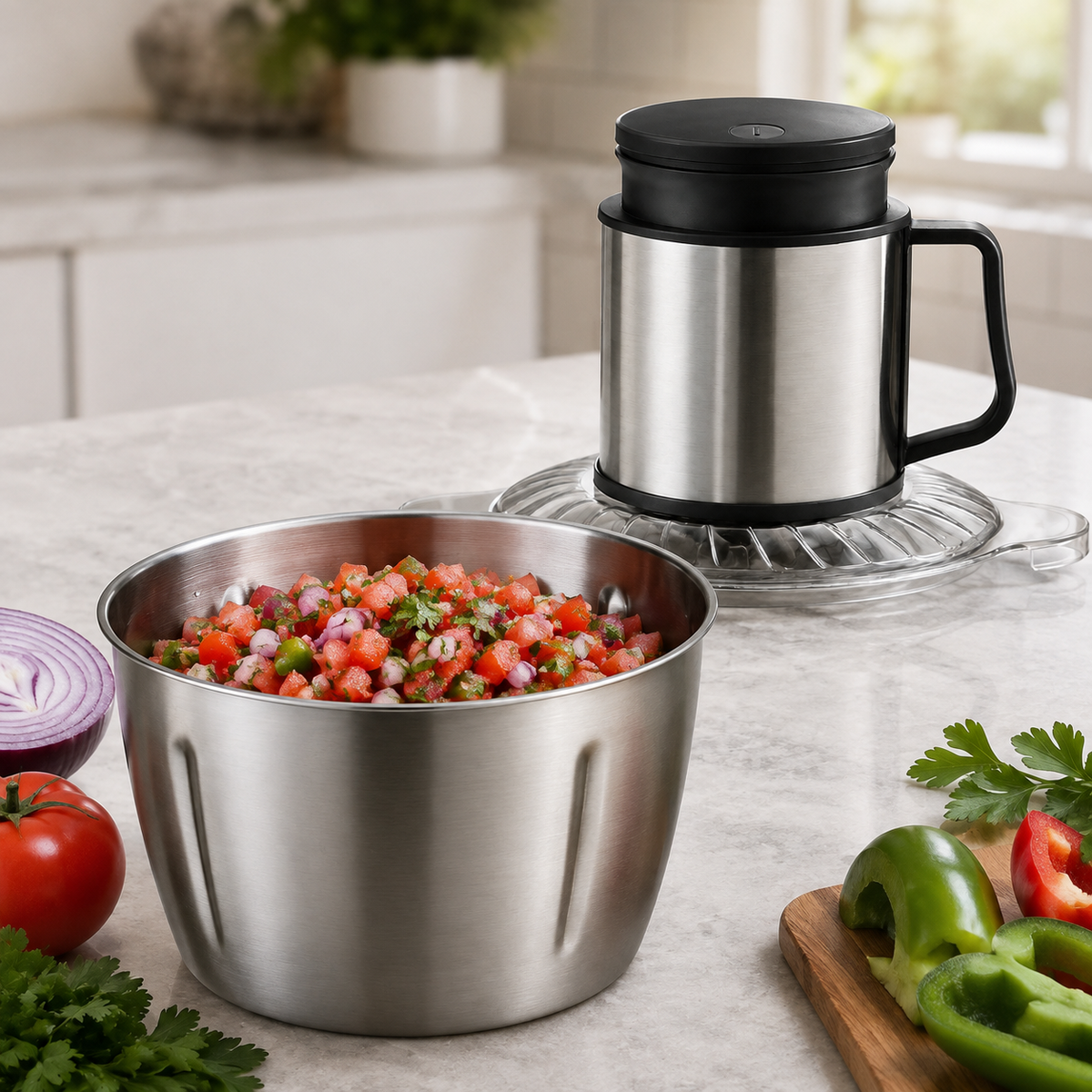 Tocător Electric - 5L, 1500W, Inox, 6 Lame, Oțel Inoxidabil, 2 Viteze, Toacă Rapid: Carne, Legume, Fructe, Semințe, Nuci