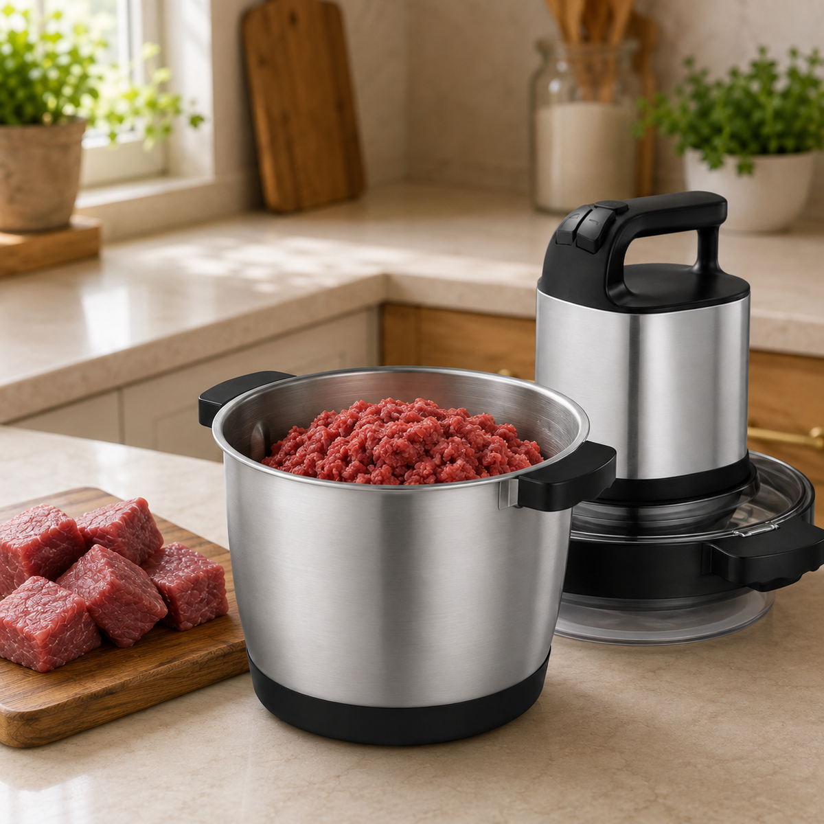 Tocător Electric Universal - 6L Inox, 1000W, 4 Lame, Toacă Rapid: Carne, Legume, Fructe, Semințe, Nuci cu carne tocată în bol