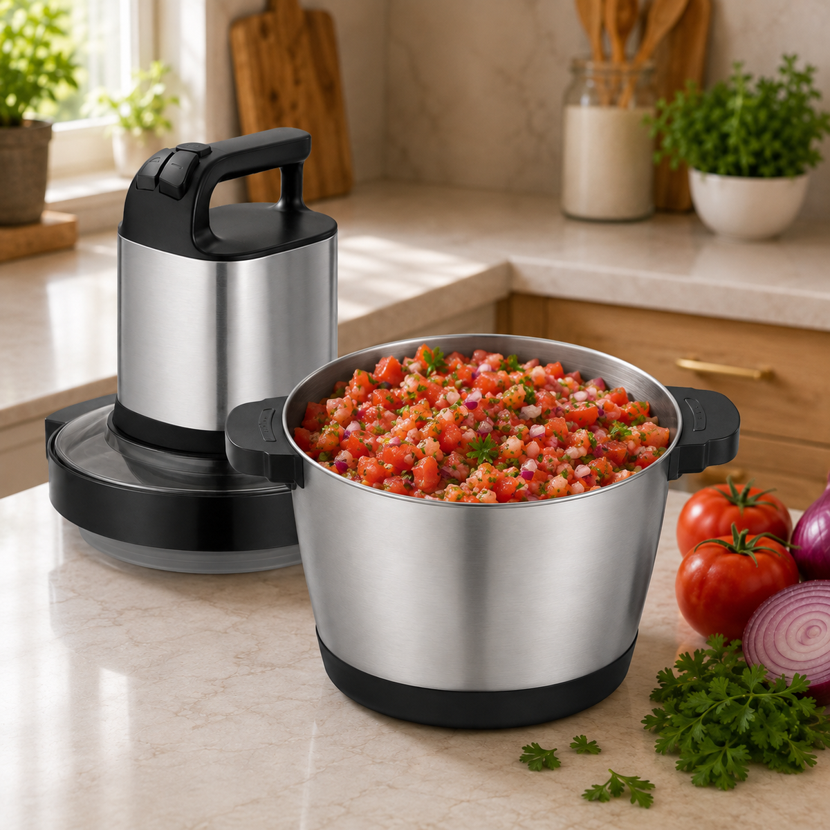 Tocător Electric Universal - 6L Inox, 1000W, 4 Lame, Toacă Rapid: Carne, Legume, Fructe, Semințe, Nuci cu roșii, ceapă și verdeață tocate în bol