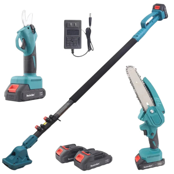 Set Foarfecă și Mini Drujbă - 2 Acumulatori 48V, 5Ah, Tijă Extensibilă 2.13m - Performanță și Precizie în Tăierea Lemnului