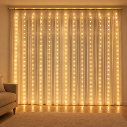 Perdea Luminoasă LED Luxis, 3 × 3 m, 300 LED-uri, Alb Cald – prezentarea produsului