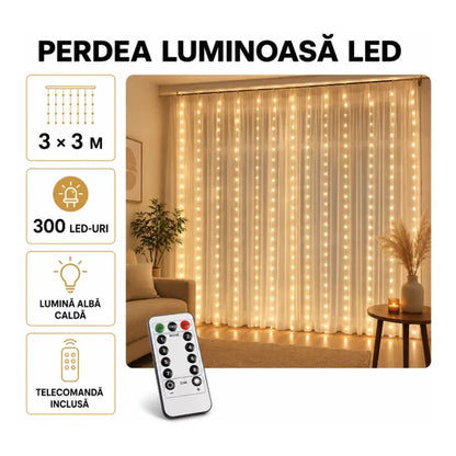 Perdea Luminoasă LED Luxis, 3 × 3 m, 300 LED-uri, Alb Cald – detalii și utilizare