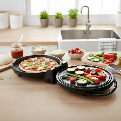 Aparat Pizza & Grill Zilan ZLN7890 folosit deschis pentru pizza și legume la grill, pe blatul din bucătărie