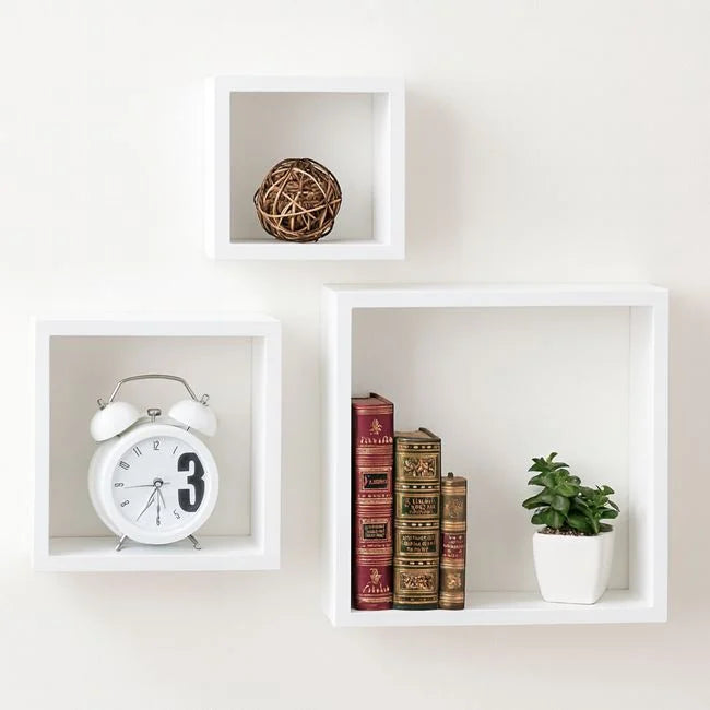 Set 3 Rafturi Cub Luxis pentru Perete, MDF Alb