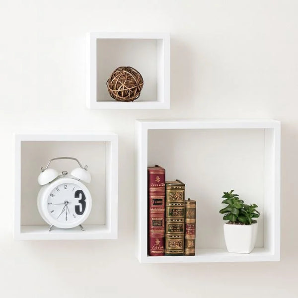 Set 3 Rafturi Cub Luxis pentru Perete, MDF Alb