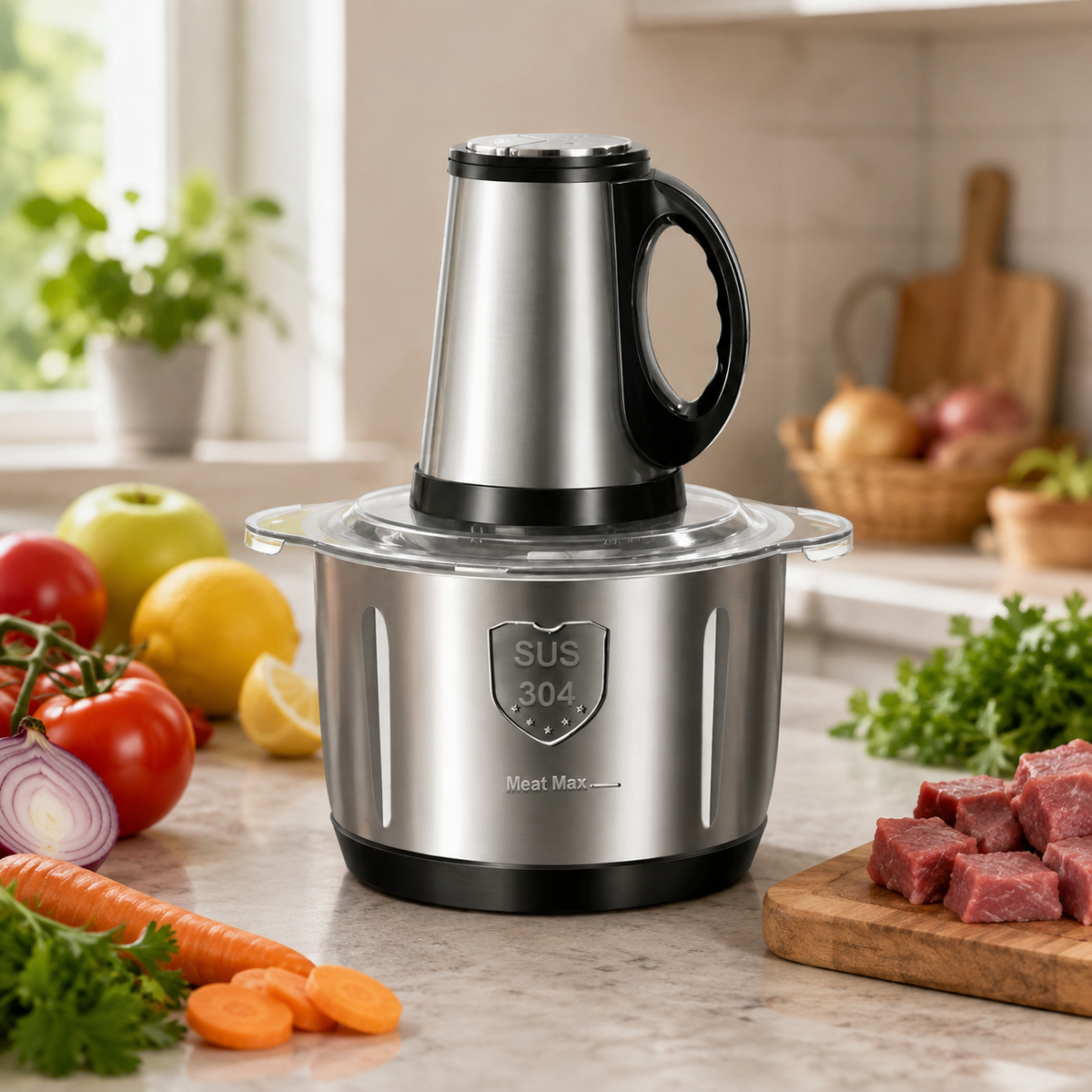 Tocător Electric Profesional, Bol 5L Inox, Putere 1000W, 5 Lame, Carne și Legume într-o bucătărie, alături de fructe, legume și carne