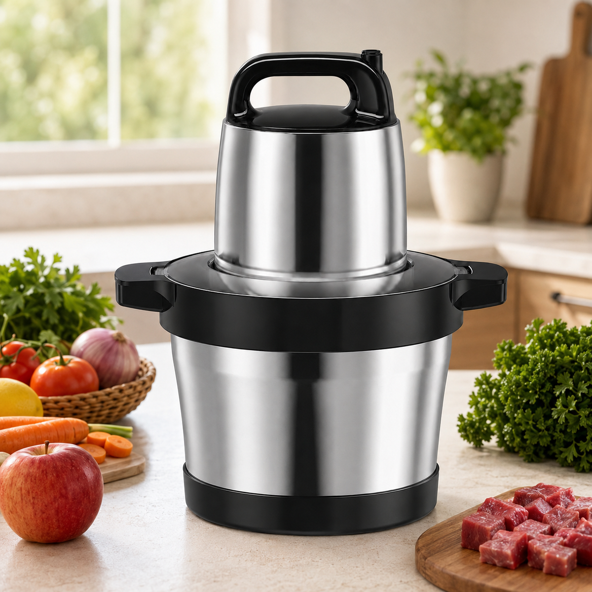 Tocător Electric - 6L, 1500W, Inox, 4 Lame, Oțel Inoxidabil, 2 Viteze, Toacă Rapid: Carne, Legume, Fructe, Semințe, Nuci