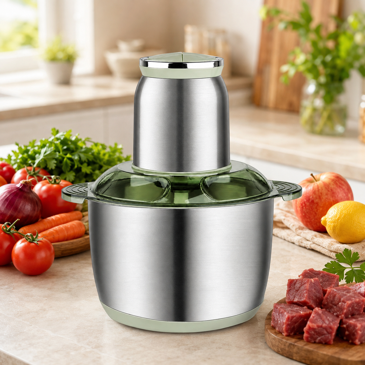 Tocător Electric Universal - 5L, 1000w, 4 Lame, Inox, Toacă Rapid: Carne, Legume, Fructe, Semințe, Nuci într-o bucătărie, alături de fructe, legume și carne