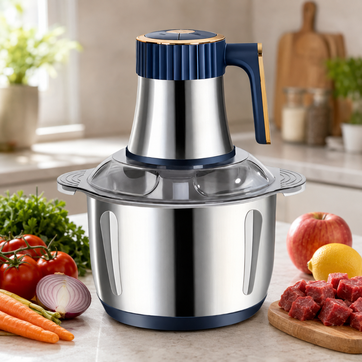 Tocător Electric Profesional - 5L, 1000W, Inox, 5 Moduri de Lucru, 5 Cuțite, Mâner Ergonomic - Silver