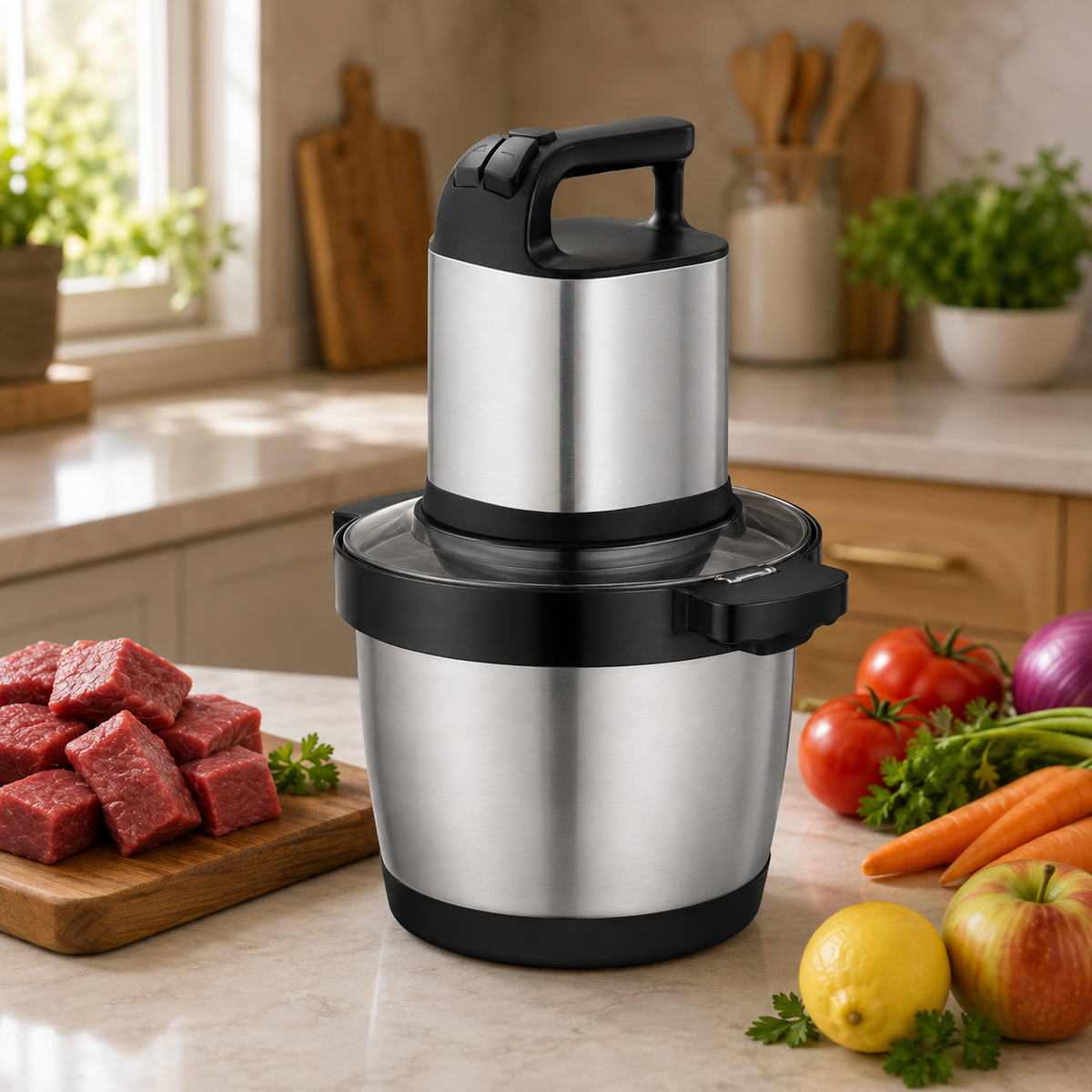 Tocător Electric Universal - 6L Inox, 1000W, 4 Lame, Toacă Rapid: Carne, Legume, Fructe, Semințe, Nuci